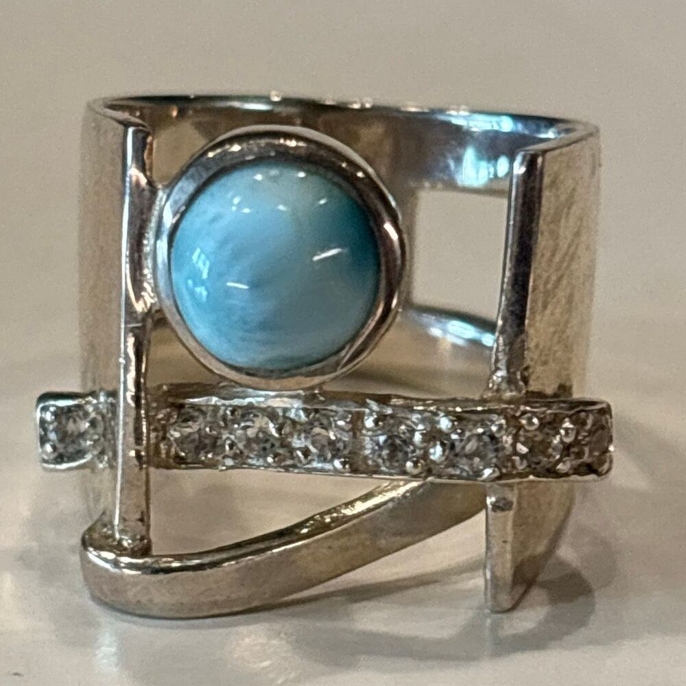 Marahlago Larimar Dante Sterling silver white topaz sculpture ring Sz 8 - Picture 11 of 12